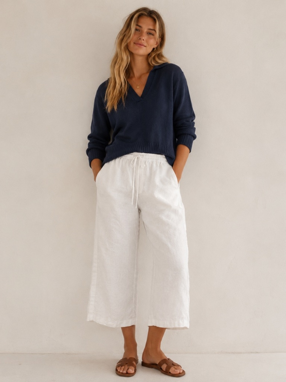 J.Crew White 100% Linen Wide Leg Elastic Waist Cropped Pants Sz S Coastal Preppy